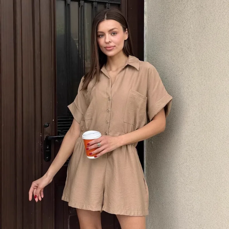Uoozee 2026 New Summer Women's Playsuit Short Sleeves Pocket Loose Fit Casual Fashion Office Khaki Romper One Piece Jumpsuits