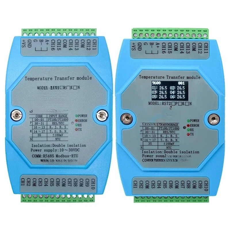 RS72 8-Channel PT100 Transmitter Module with 16-RTD/K-Type Thermocouple Input - Isolated RS485 Communication