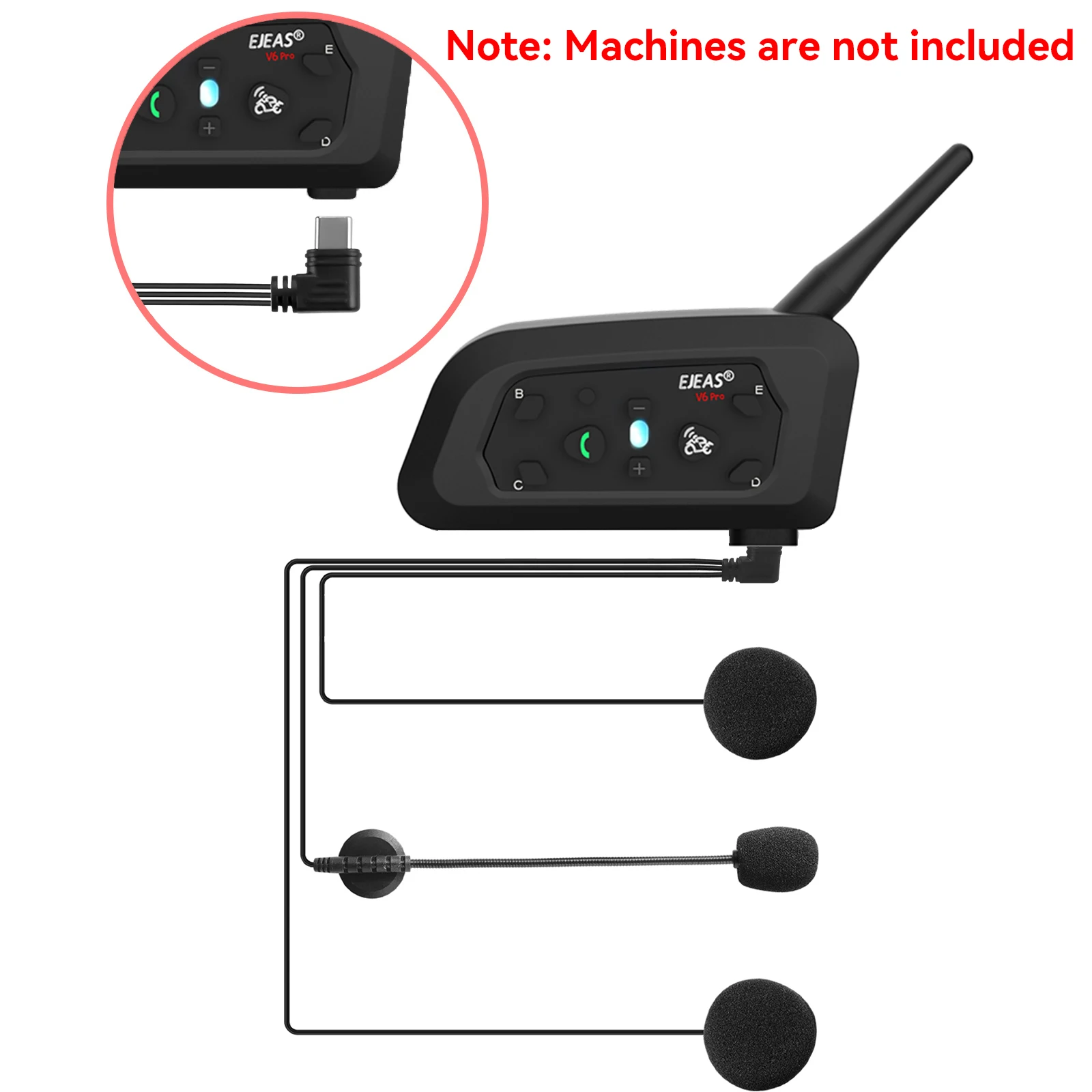 EJEAS V6 PRO+ TYPE-C Jack Microphone Speaker Earphone Headset with Mount Clip Double-Sided Tape Base Motorcycle Helmet Intercom