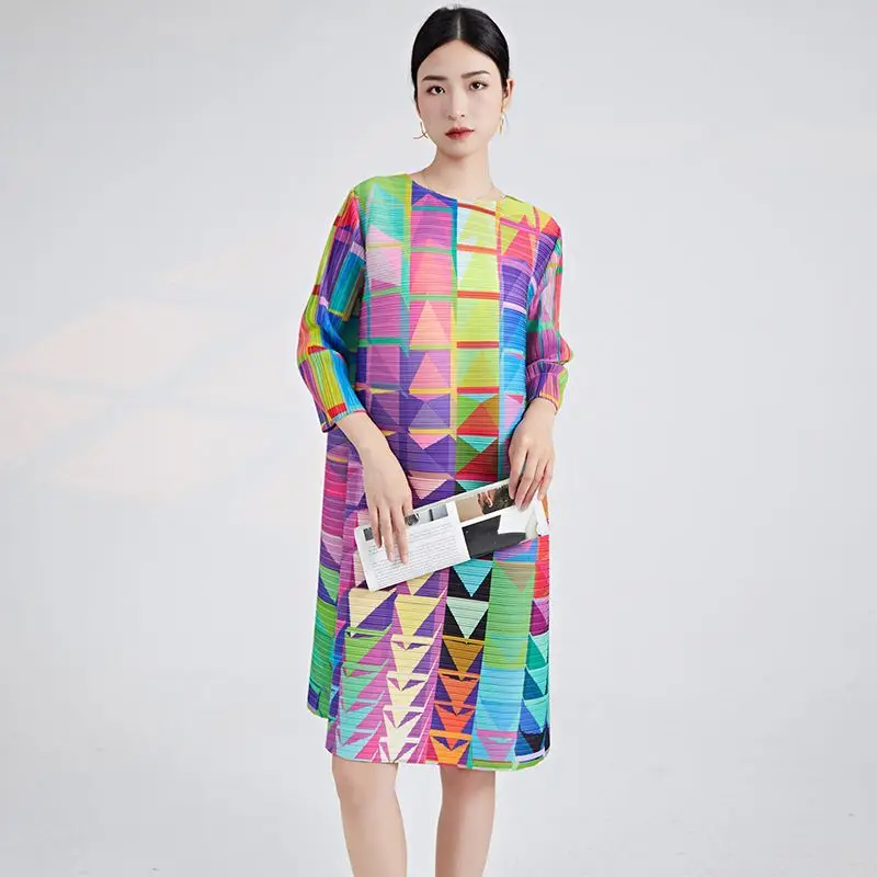 

Pleated high-end dress for women summer loose and colorful o neck three quarter sleeve temperament mid length dress female tops