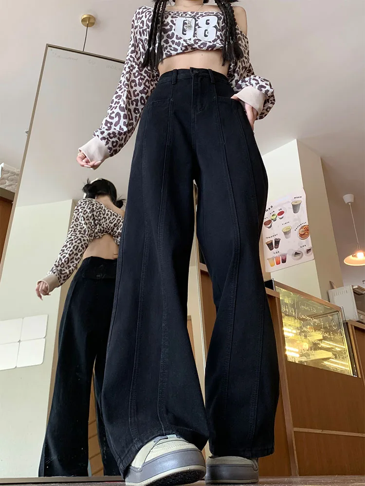 فضفاض عالية الخصر واسعة الساق الجينز المرأة الخريف جديد Sle الكمثرى القرد الجسم التخسيس ألف خط بنطلون عادية مستقيم الساق