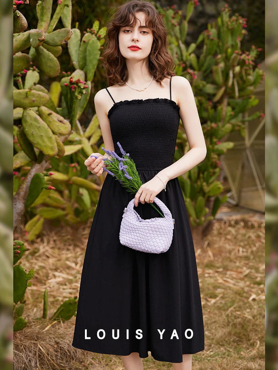 LOUIS YAO Women Slip Dress Holiday Style 2024 Summer Pleated Dress A-LINE Slim Fit Casual Black Long Dress