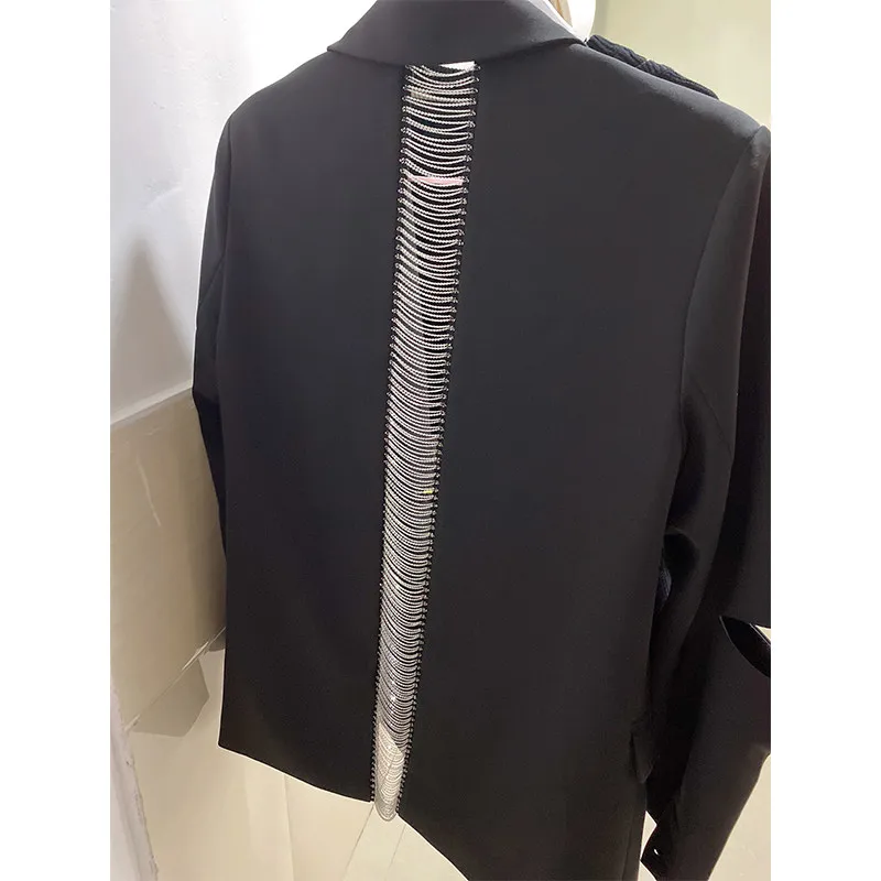 Loose Black Blazer For Women Hollow out Chains Back Jacket Autumn New Streetwear Cut Out Sleeve Coat Female Women Clothing