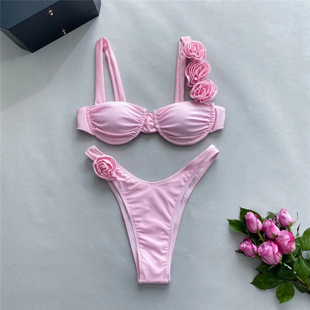 Sexy Flower Shiny Pink Push Up Bikini 2024 Women Swimwear Underwired Swimsuit High Cut Bathing Suit Wrinkled Bikinis Set Biquini