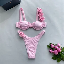 Biquíni sexy e brilhante flor rosa push up para mulheres, maiô underwired, maiô de corte alto, biquíni enrugado, roupa de banho 2024