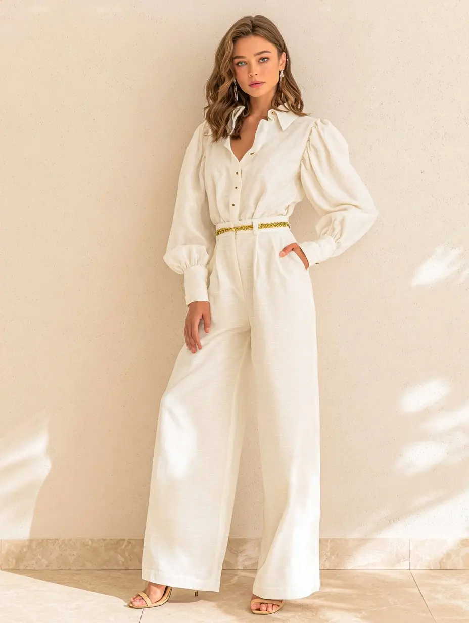

Mia Muse Select Autumn Sets 2025 Women's Plain Long Lantern Sleeve Shirt Collar Shirts Wide Leg Pants Office Lady Sets