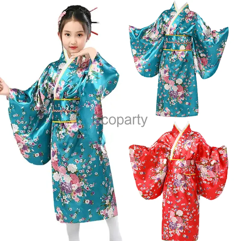 

Children's Japanese Kimono Costume Girls Traditional Asian Princess Cosplay Yukata Robe Sakura Printed Kids Performances Clothes