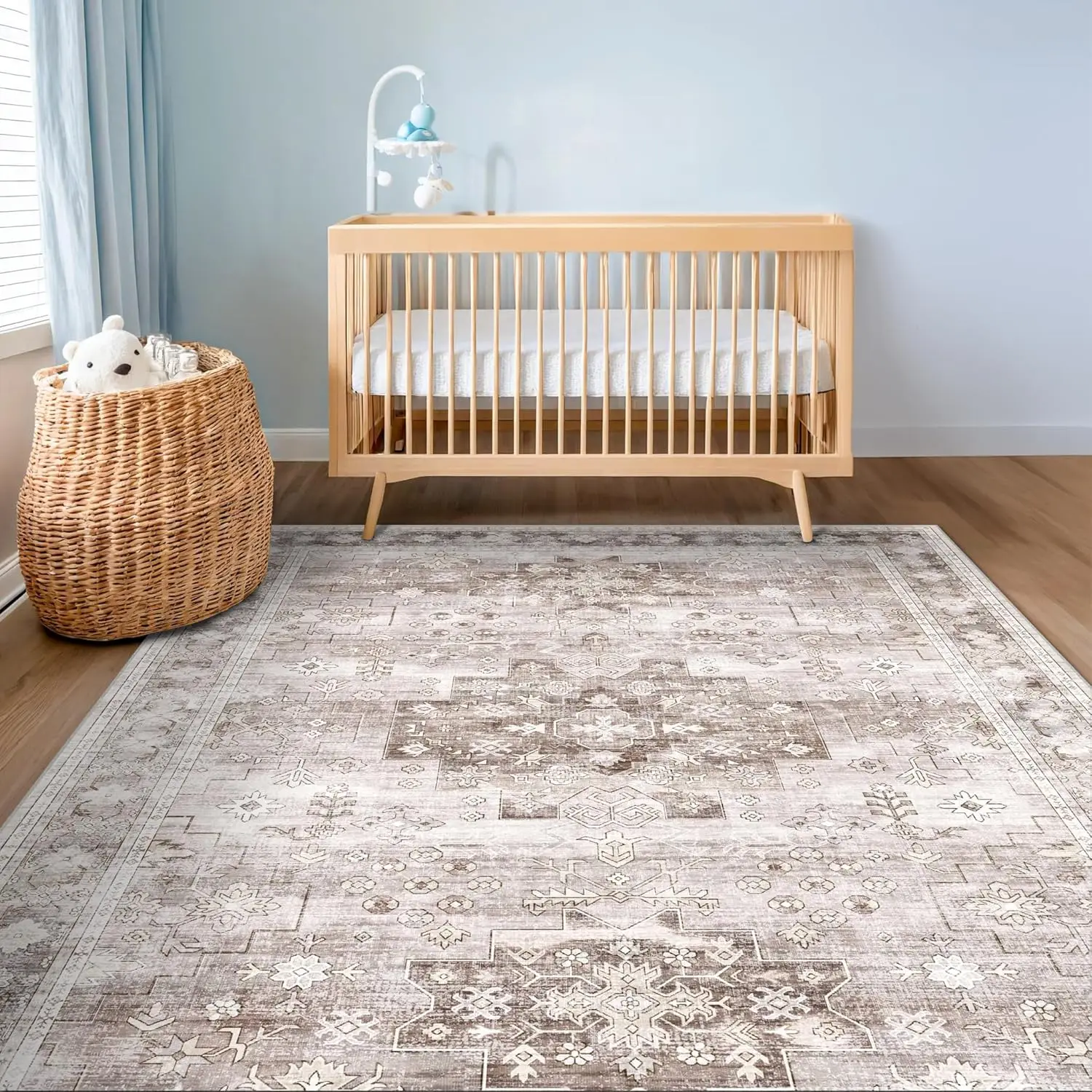 Beige Taupe Distressed Vintage Area Rug Boho Floral Persian Pattern Bathroom Non-Slip Washable Floor Carpet Doormat Minimalist