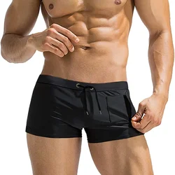 Bañador con bolsillo y cremallera para hombre, traje de baño corto con forro de malla y pierna cuadrada, Boxer