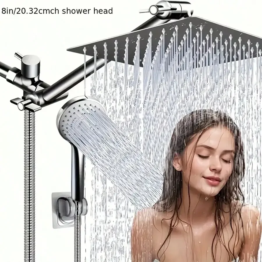8 Inch High Pressure Rainfall & Handheld Shower Head Combo, 11 Inch Extension Arm, 5 Spray Settings, Anti-Leak, Height & Angle Adjustable with Hose and Holder