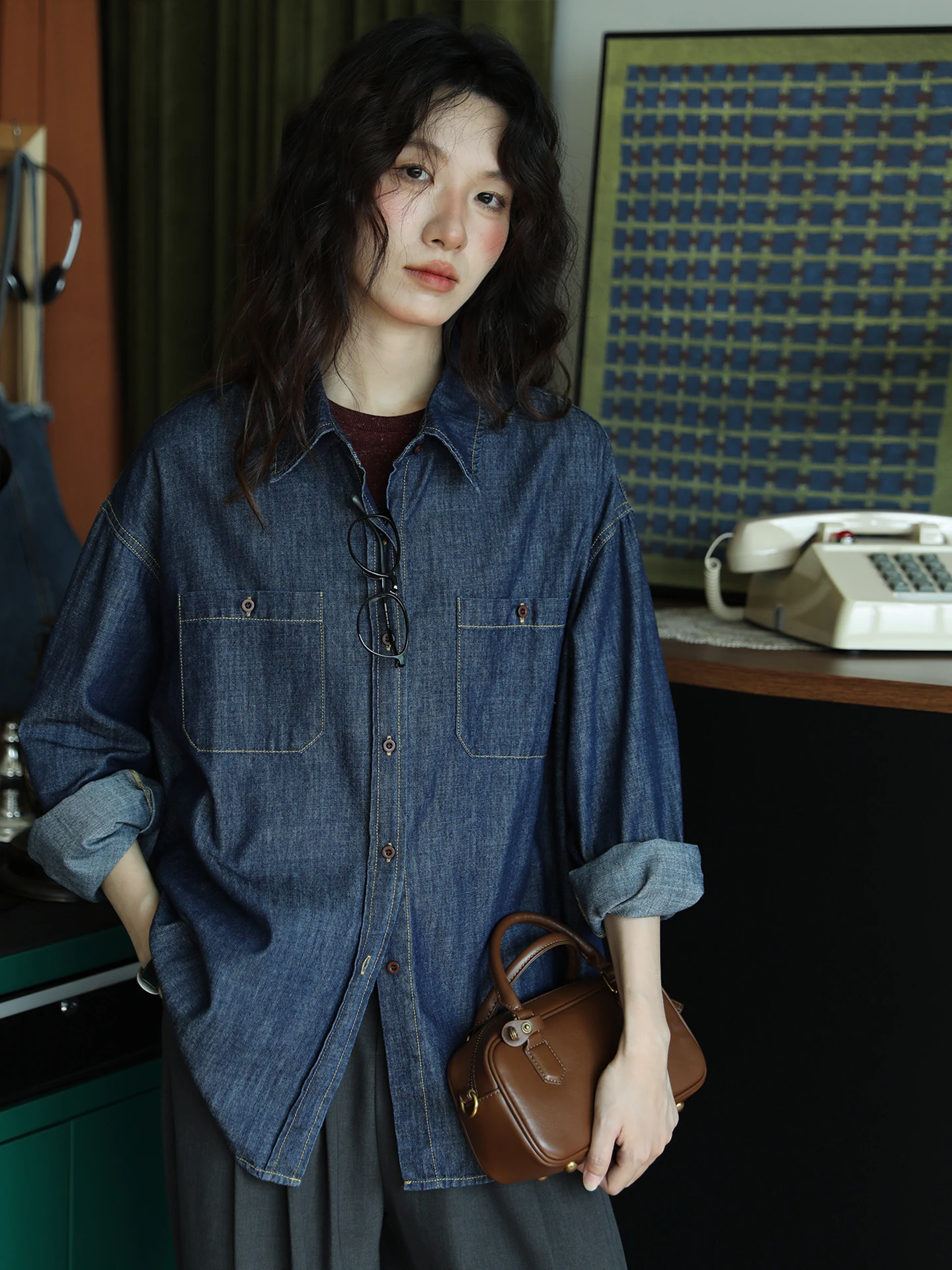 

Retro Design Long Sve Denim irt Women Outerwear Jaet Faionable Pure Color Casual Commute Sle Cotton Blend irt