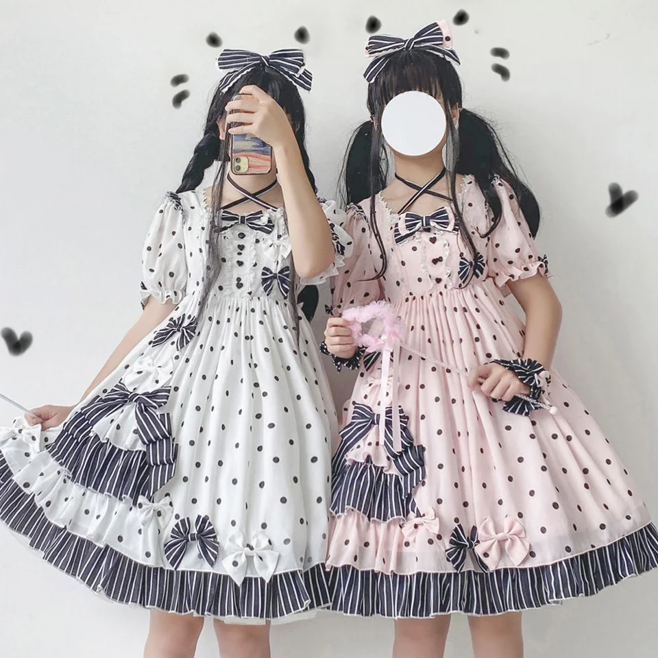 Vestido Lolita de manga curta com o pescoço, Vaca Pérola, Jardim, bolinhas, Diário, Roupa macia, Harujuku, Gótica, Edição de verão