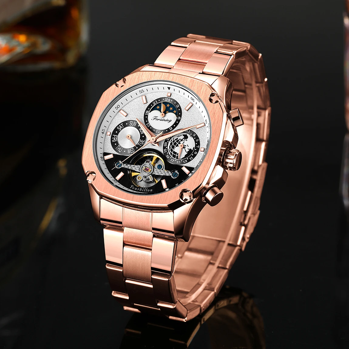 

FORSINING Роскошные квадратные водонепроницаемые механические мужские часы с турбийоном, многофункциональный дисплей, автоматический механизм, нержавеющая сталь