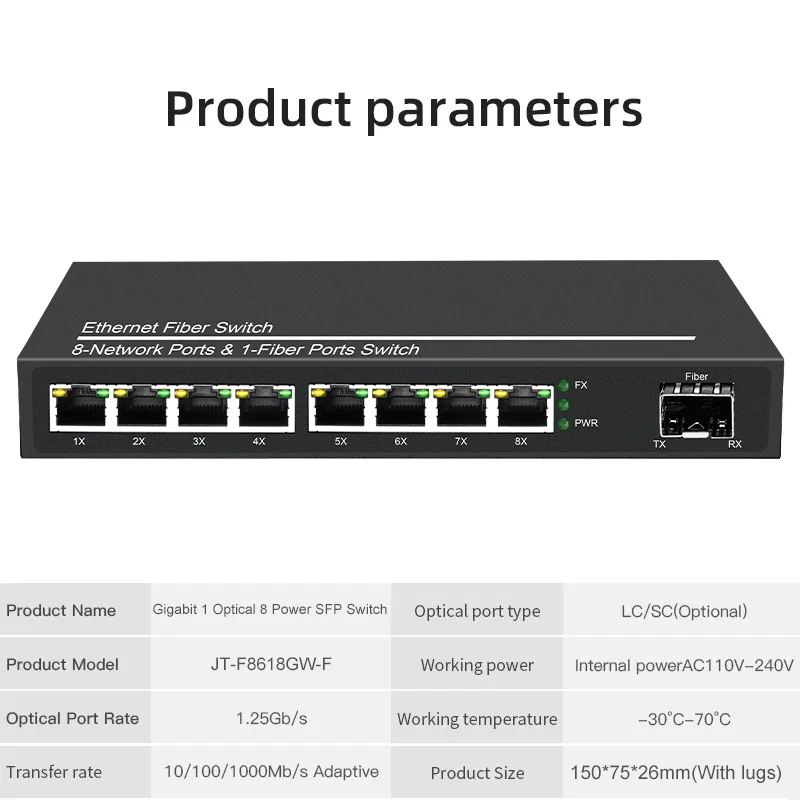 JT-COM Conversor de mídia gigabit, 1 porta, SFP para 2 RJ45, fibra óptica, GPON, EPON, OLT Ethernet para câmera IP, 10 m, 100 m, 1000m