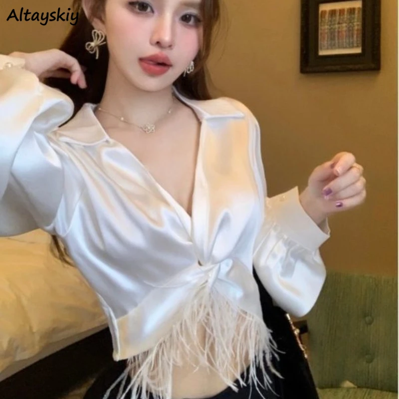 

Long Sleeve Shirts Women Fairycore Cropped Tops French Style Elegant Sexy Streetwear Chic Retro Women Clothing Solid Spring Ins