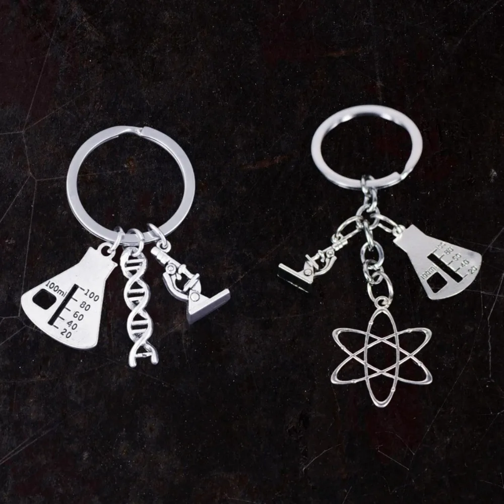 2 pièces ensemble argent couleur laboratoire flacon Microscope ADN pendentif porte-clés porte-clés pour femmes hommes chimie biologue ensemble de bijoux