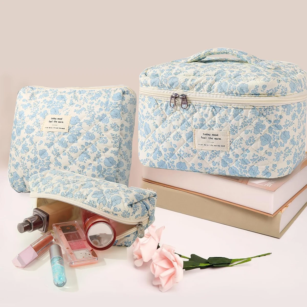 YANZAI 1 Pcs Cosmetic bag storage bag（9.84x7x2.75inch） Cotton Quilted Makeup Bag Set, Floral Cotton Cosmetic Bag for Women Girls