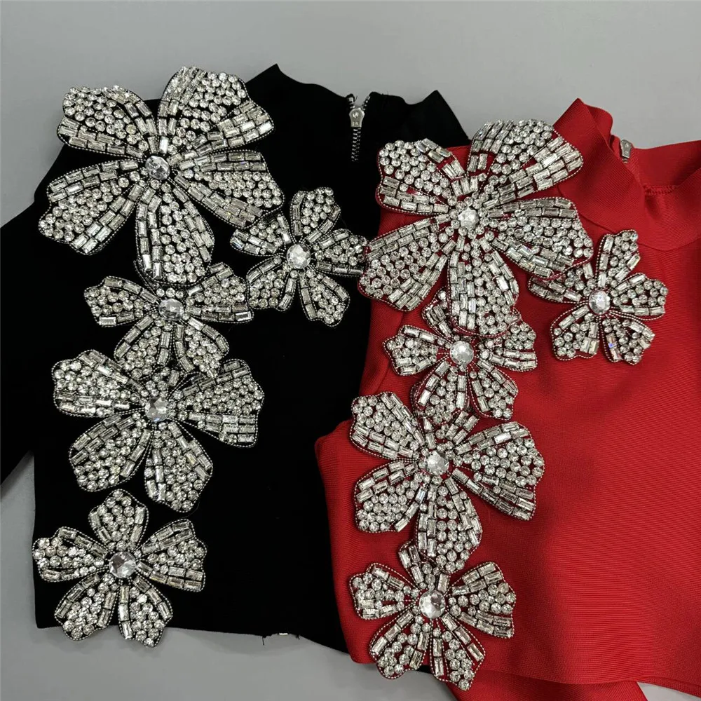 Women\'s Heavy Industry Nail Bead Flower Short Skirt Set High Collar Long Sleeve Tight Ultra Short Top+Mini Skirt Two Piece Set