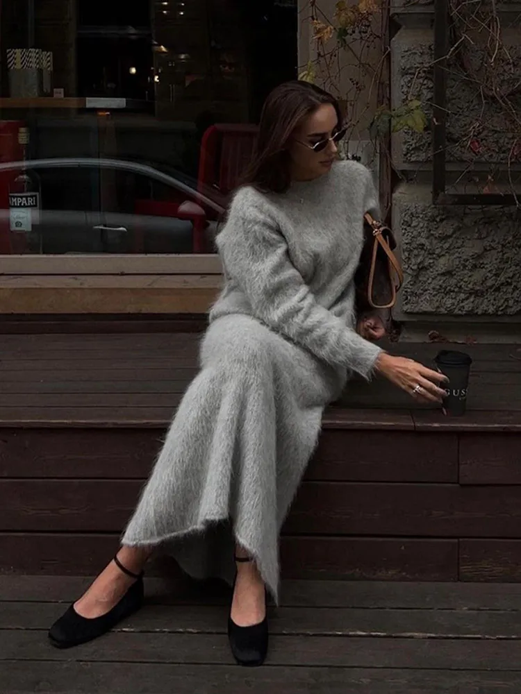 Fashion Solid Mohair Women\'s Midi Knit Skirt Set Casual O Neck Long Sleeves High Waist Pullover Suit New Autumn Lady Chic Outfit