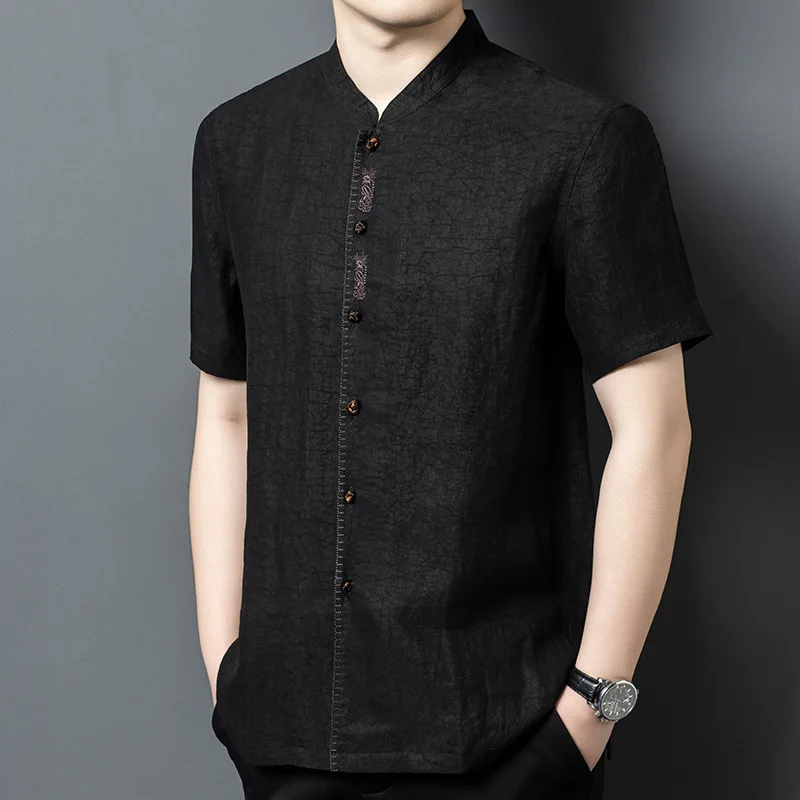 

High Quality Real Silk Men's Xiangyun Yarn Crack Short Sleeve Suit Middle-Aged Loose Casual Shirt Top Dad Wear