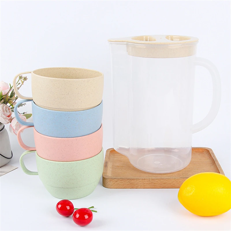 Wheat Straw Cold Kettle Set Camping Drinking Cup Set Drinking Kettle Portable Mug Set Wheat Straw Picnic Sharing Water Jug Set