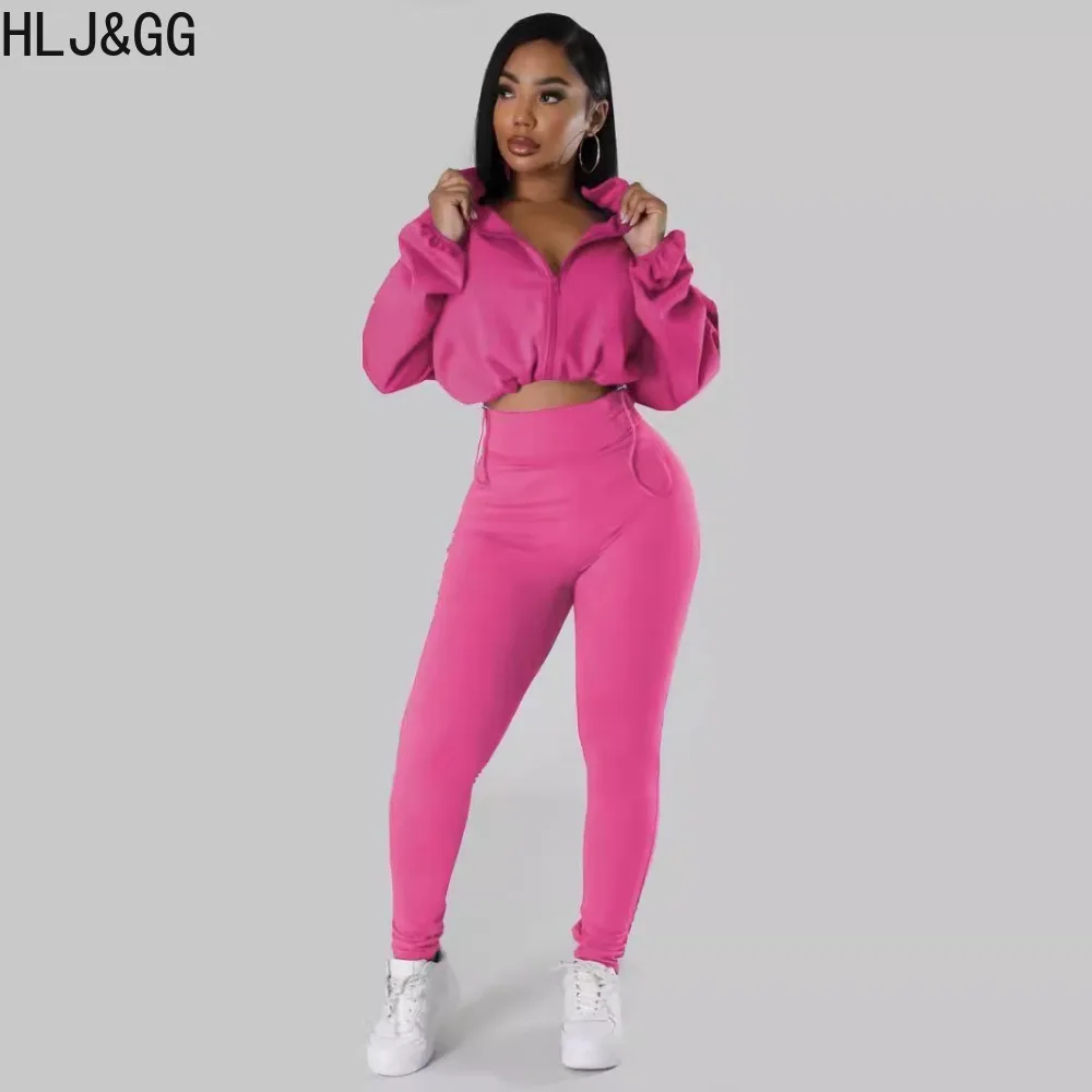 HLJ&GG Autumn White Casual Solid Color Sporty Skinny Pants Two Piece Sets Women Zipper Long Sleeve Crop Top + Pants Outfits 2024