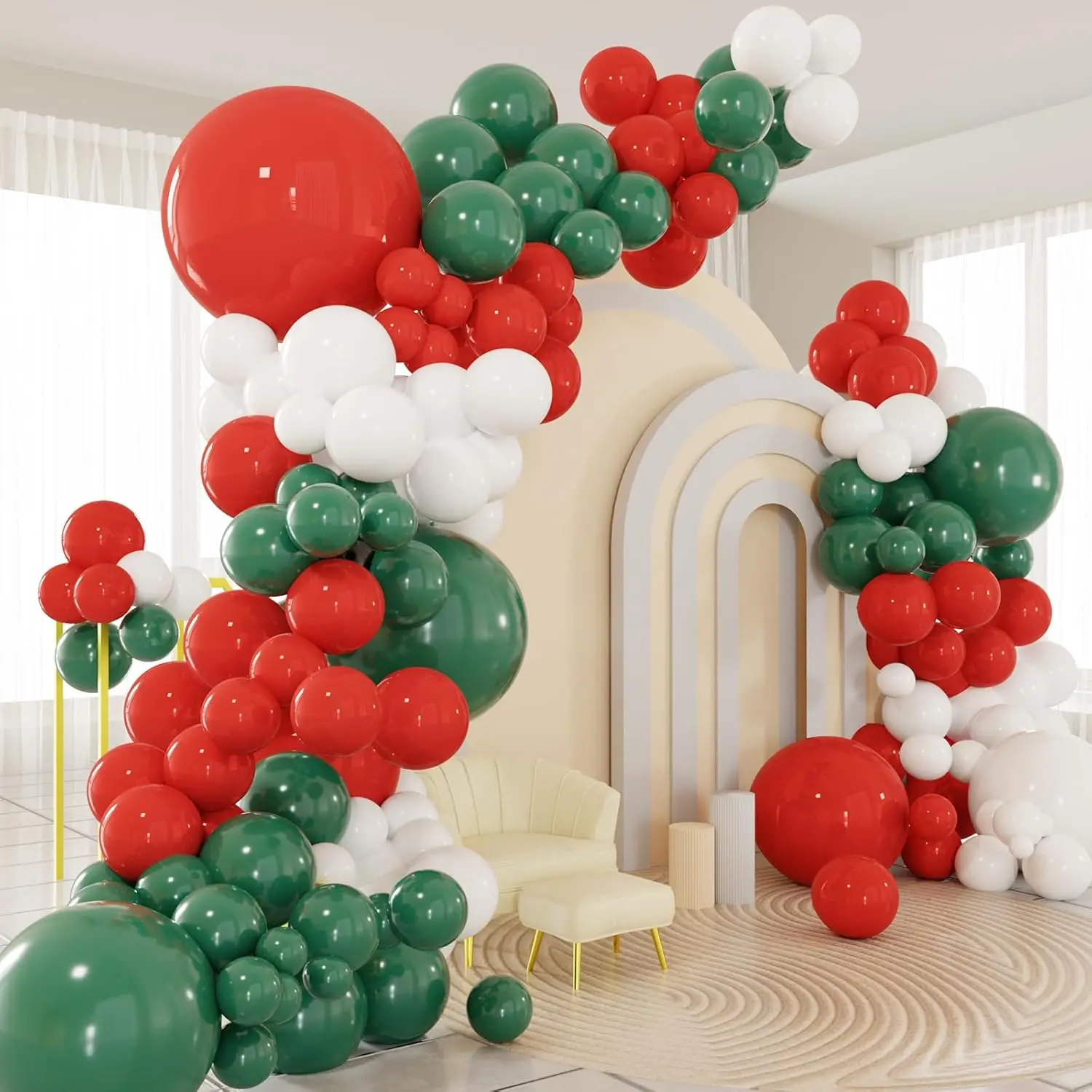 124 Red, Green, and White Balloon Arch Sets Suitable for Birthday, Christmas, and New Year Decorations