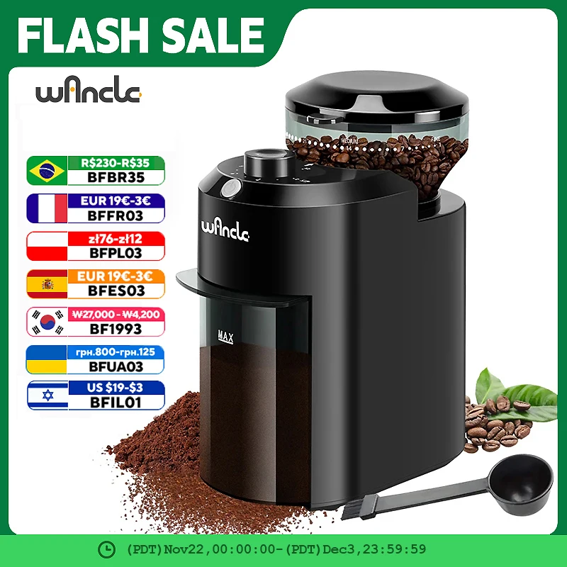 Wancle Electric Burr Coffee Grinder Adjustable Burr Mill Conical Coffee Bean Grinding with 28 Precise Grind Setting 220V/120V