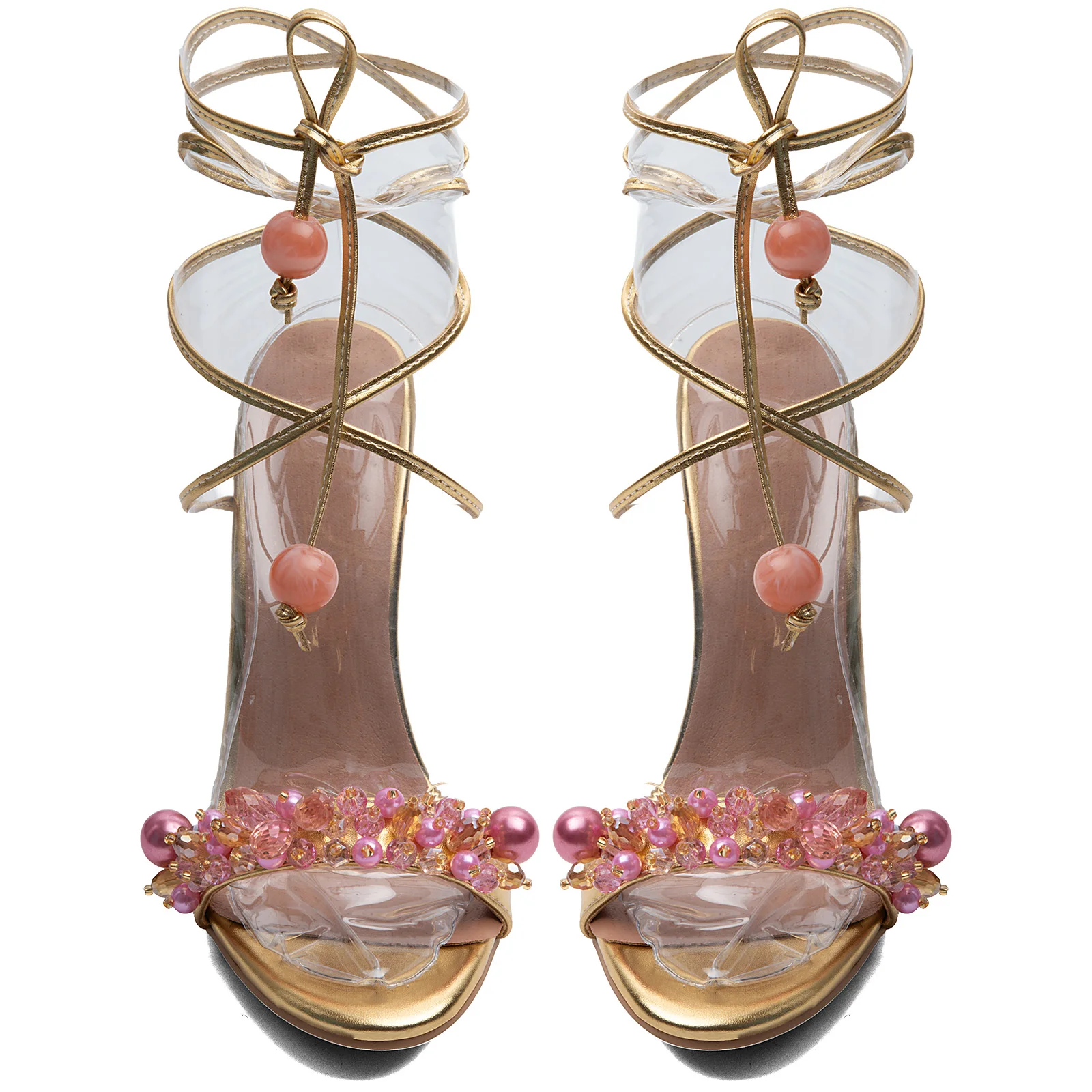 Pink Beads Rhinestone Embellished Lace Up Sandals Women Open Toe Stiletto High Heels Ankle Strap Wedding Party Dress Shoes