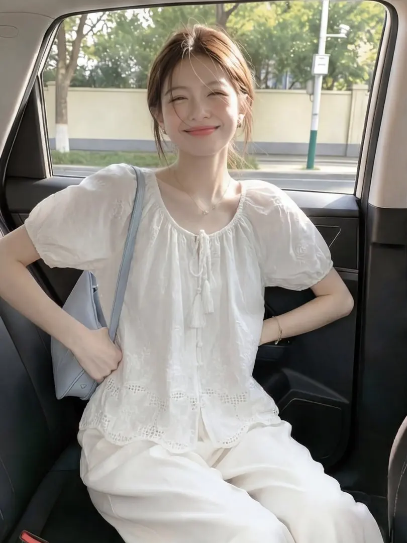 

Elegant Embroidered Hollow V-Neck Bubble Sleeve Shirt Women's Summer Fashion Loose Top Korean Style Cotton Breathable Casual ...