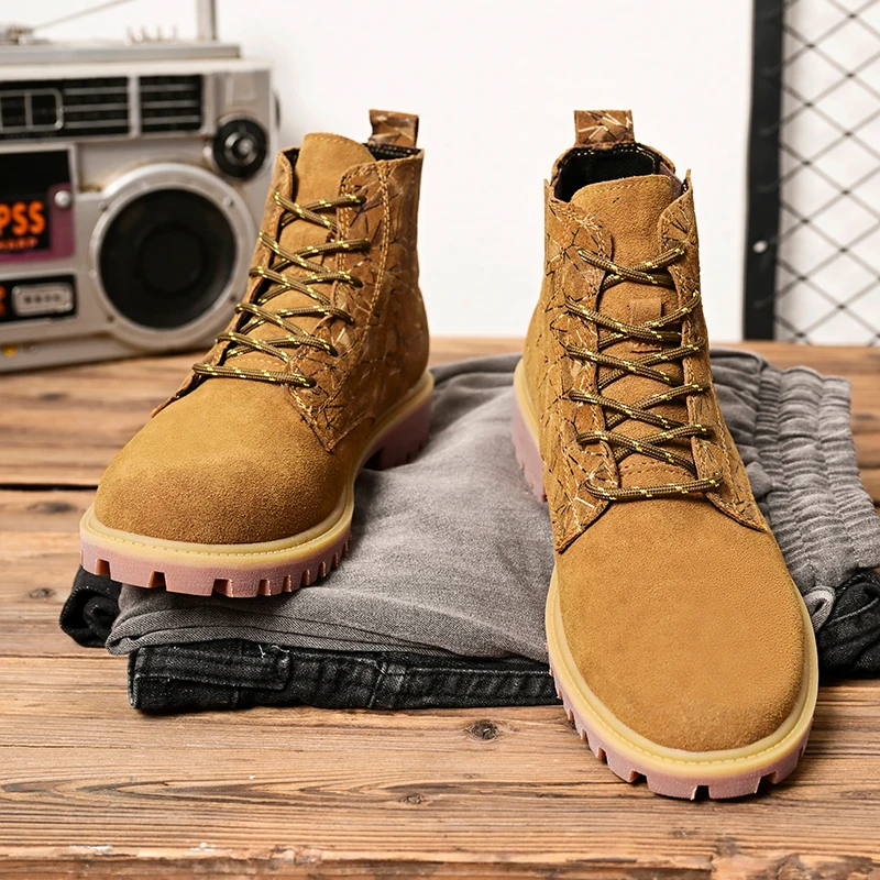 

Men Plus Size New Thick Soled High Top Youth Fashion Anti Slip Frosted Retro High-end Feeling Height Increasing Yellow Boots