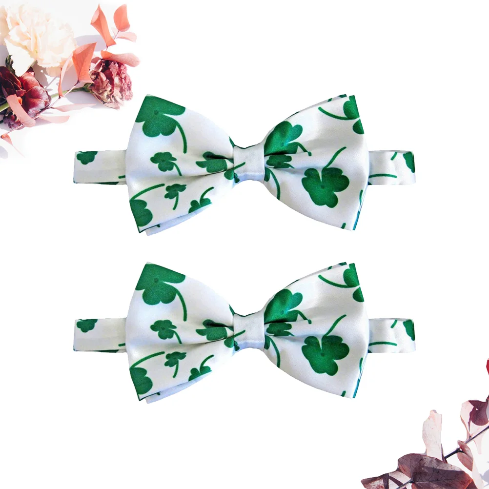 2pcs Bow Tie Festival Gold Stamping Shamrock Bowties Fashion Party Tie Photo Props for St Patricks Day(White)