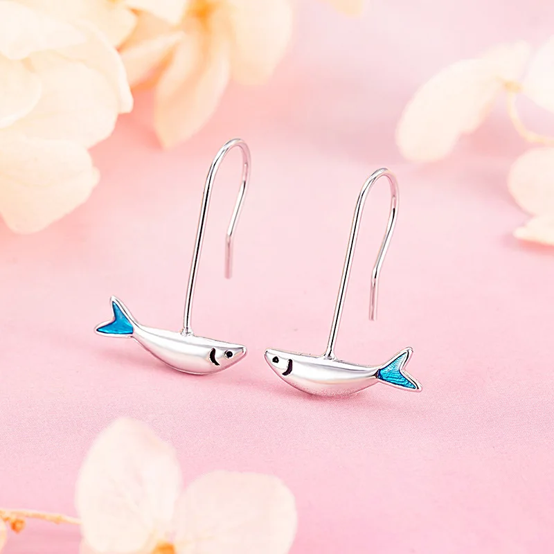 Minimally Designed Cute and Creative Small Fish Blue Tail Ear Hook Jewelry Earrings