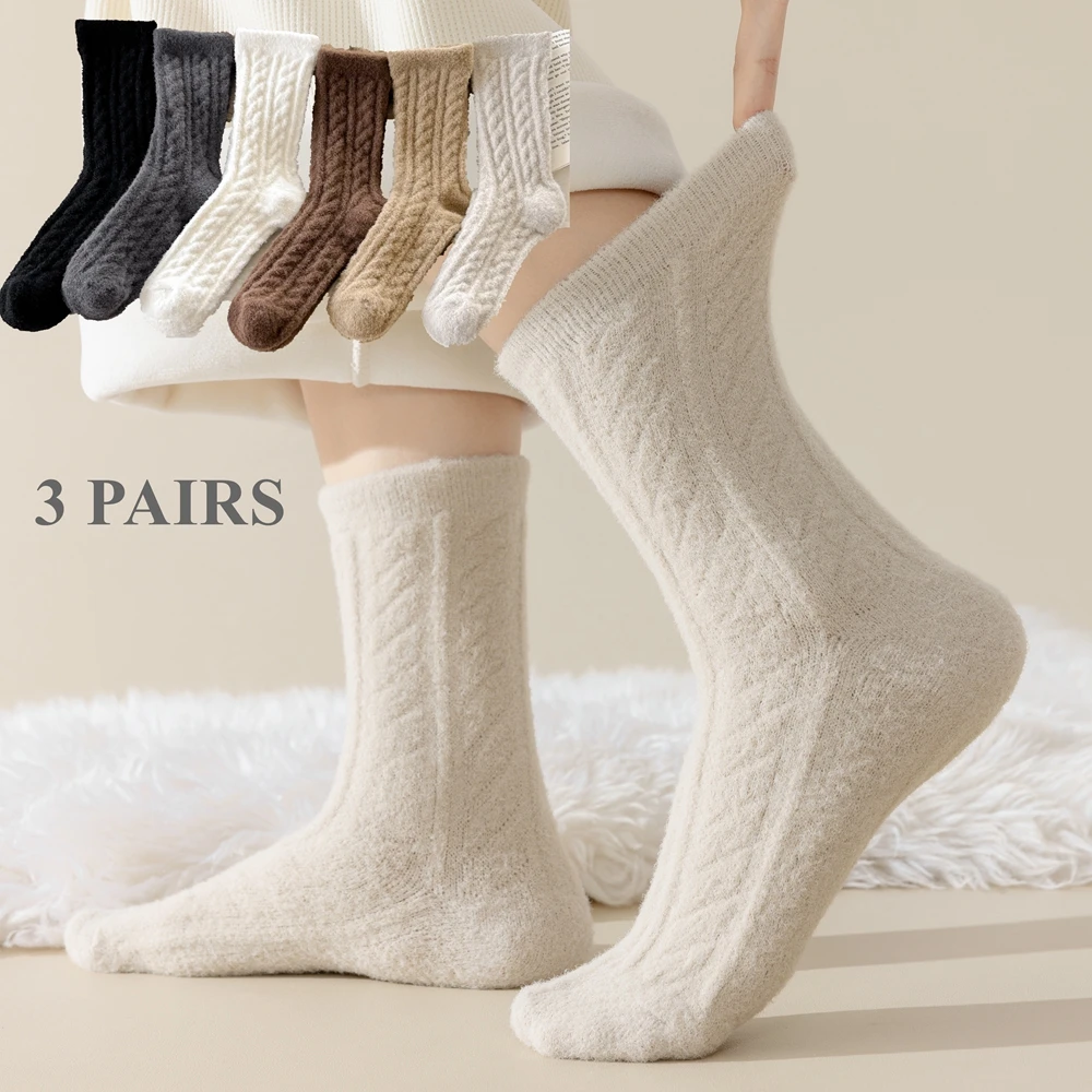 

3 Pairs Thick Fleece Socks Women Warm Winter Socks Bedroom Floor Middle Tube Thermal Fluffy Socks Cute Fashion