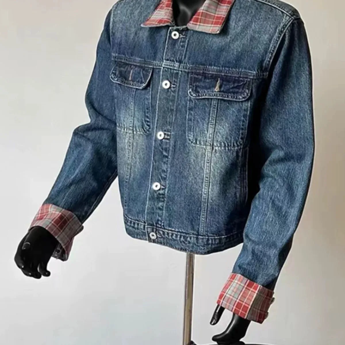 Loose Fit American Style Plaid Collar Blue Denim Jacket for Men Autumn Winter Large Size Washed Shoulder Padded Outerwear
