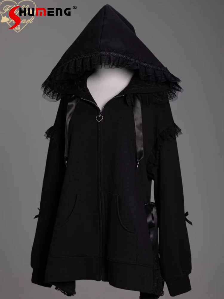 

New 2026 Spring and Autumn Subculture Japanese Y2K Black Hooded Sweatshirt Dark Sweet Cool Girls Gothic Loose Jacket for Women