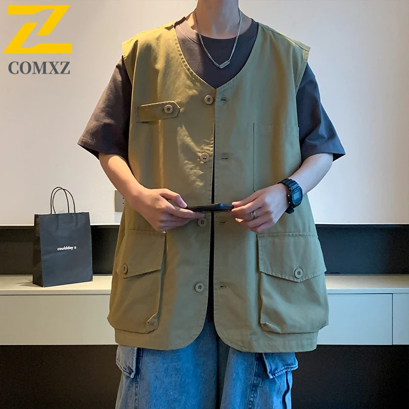 

Japanese Harajuku Vest Men's Photographer Fishing Cotton Sleeveless Work Waistcoat Jacket 2025 Autumn Casual Pocket Tool Vest