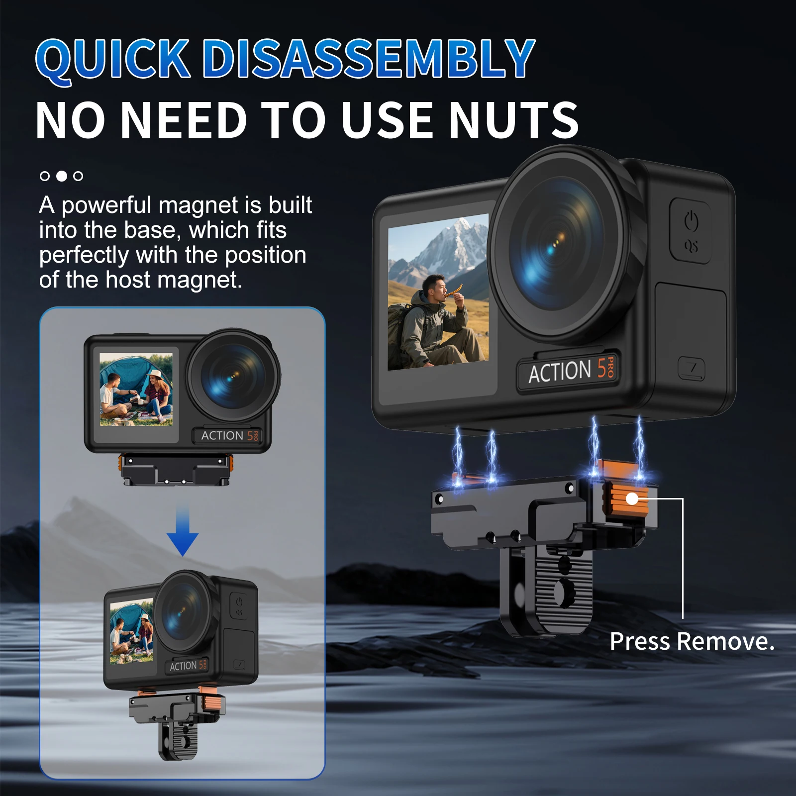 KC03 ACTION Suporte magnético de metal de liberação rápida, montagem de rosca 1/4 para Insta360 x3 x4 x5 ACE PRO /Pro2 DJI Osmo 5 Pro Action 3 4