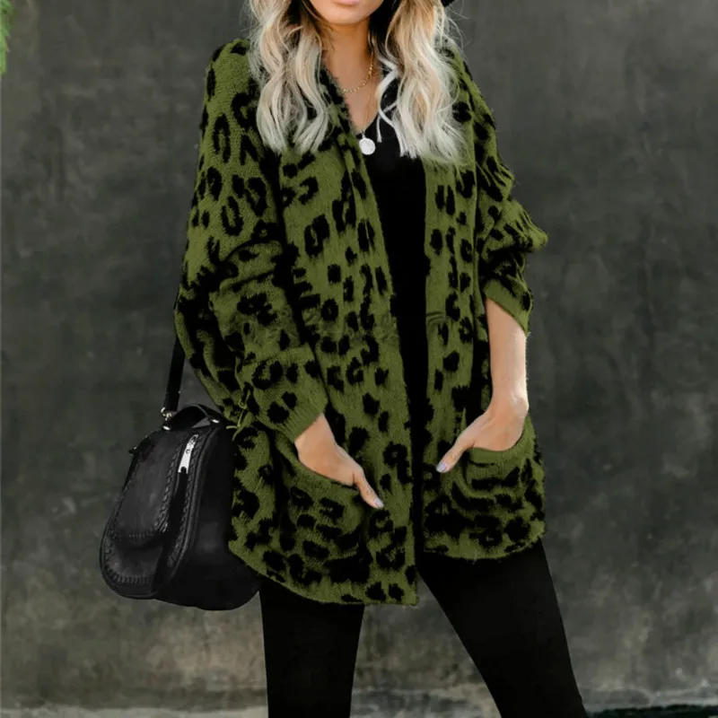 

2022 New Autumn and Winter Leopard Print Knitted Women's Cardigan Casual Loose Pocket Long Sleeve Sweater Jacket Cardigan