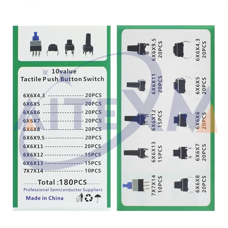 10 Values 180PCS Tactile Push Button Switch Mini Momentary Tact Assortment Kit DIY for Arduino Switch 6*6 4.3MM~13MM DIP 4P