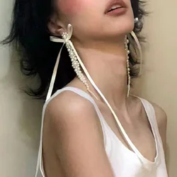 Women Tie Up Pearl Long Sweet Stud Drop Earrings