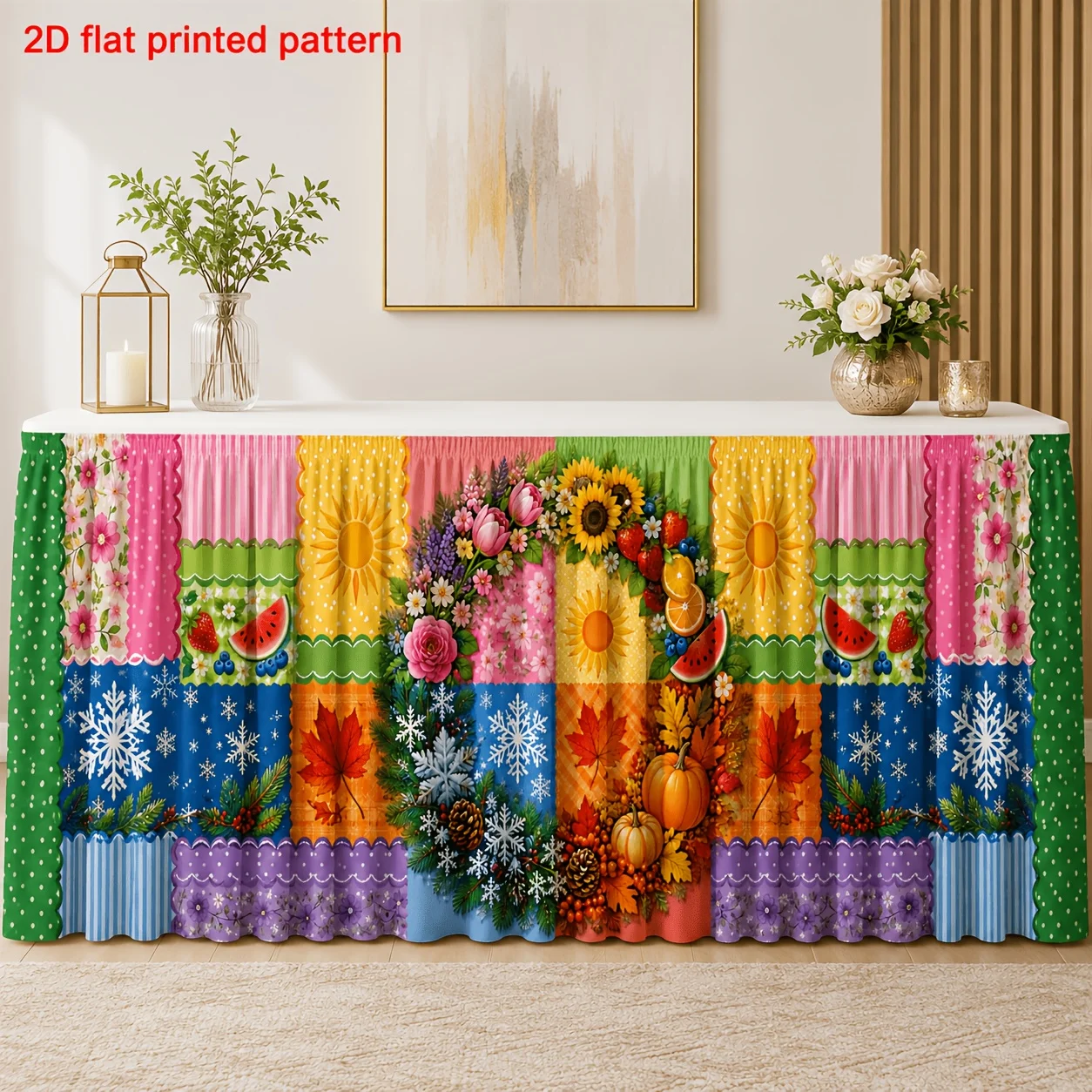 One tablecloth or table skirt. Polyester four-season patchwork printed table skirt. Fruit, pumpkin, snowflake, maple leaf.