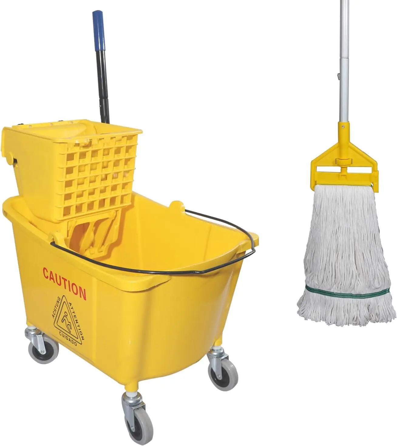 

Commercial Mop Bucket with Side Press Wringer on Wheels, Includes Mop, 35 Quart, Yellow