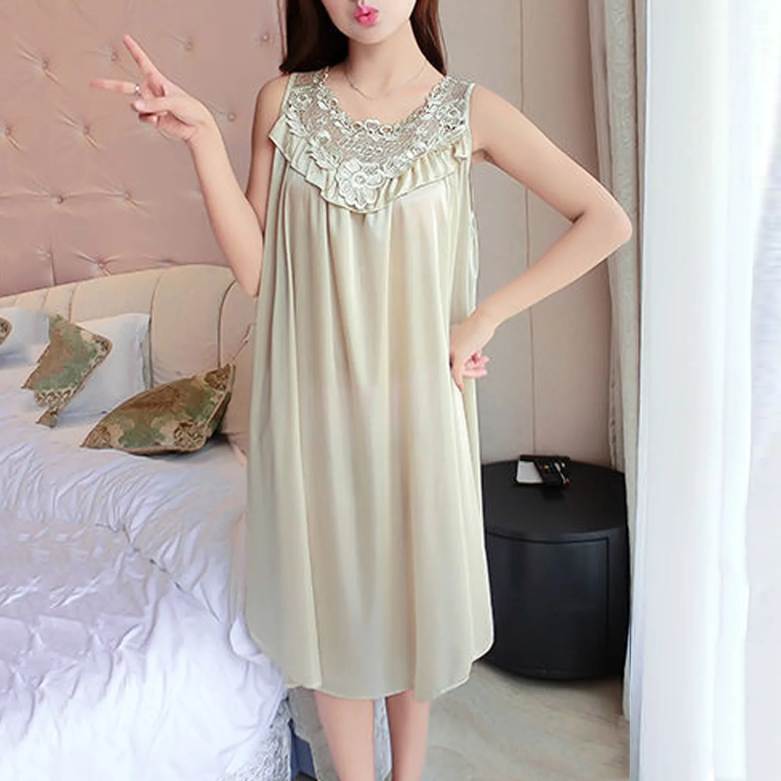 

Women's Lace Splice Dress Square Collar Princess Sleepshirts Vintage Ruffle Loose Nightgowns Nightdress Lounge Sleepwear