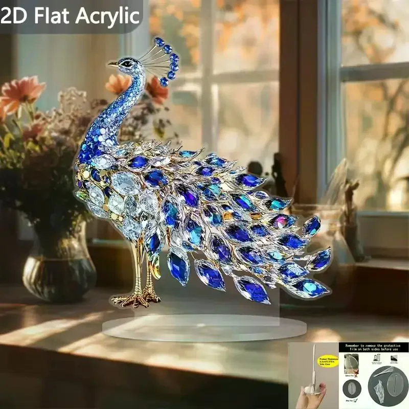 NOT 3D! 2D Flat Acrylic Figurine Luxurious Crystal Peacock Ornament Tabletop Decoration For Bedroom Living Room Office
