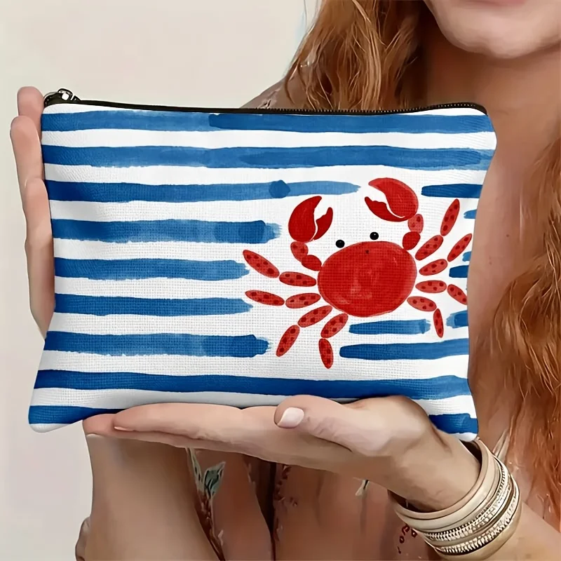 High-End Sweet Style with Zipper, Blue And White Striped Crab Pattern Large Capacity Cosmetic Bag, Lightweight And Portable