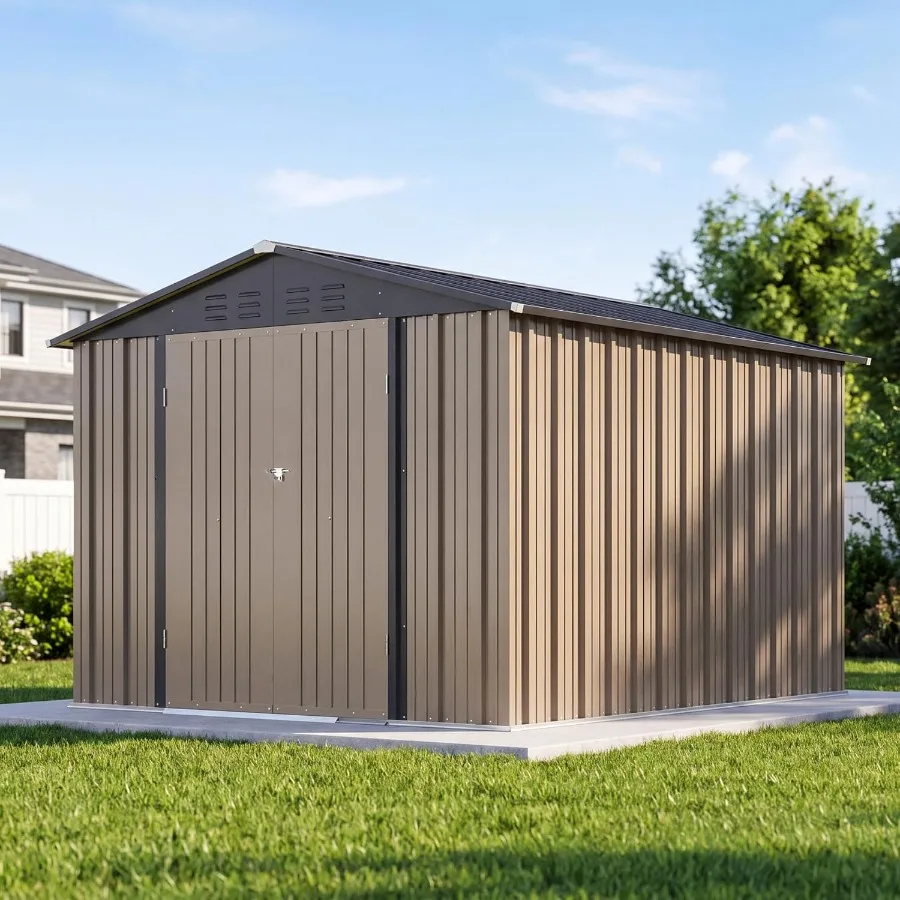 Outdoor storage shed for garden backyard patio use, galvanized steel construction, gray color, weather-resistant with lockable