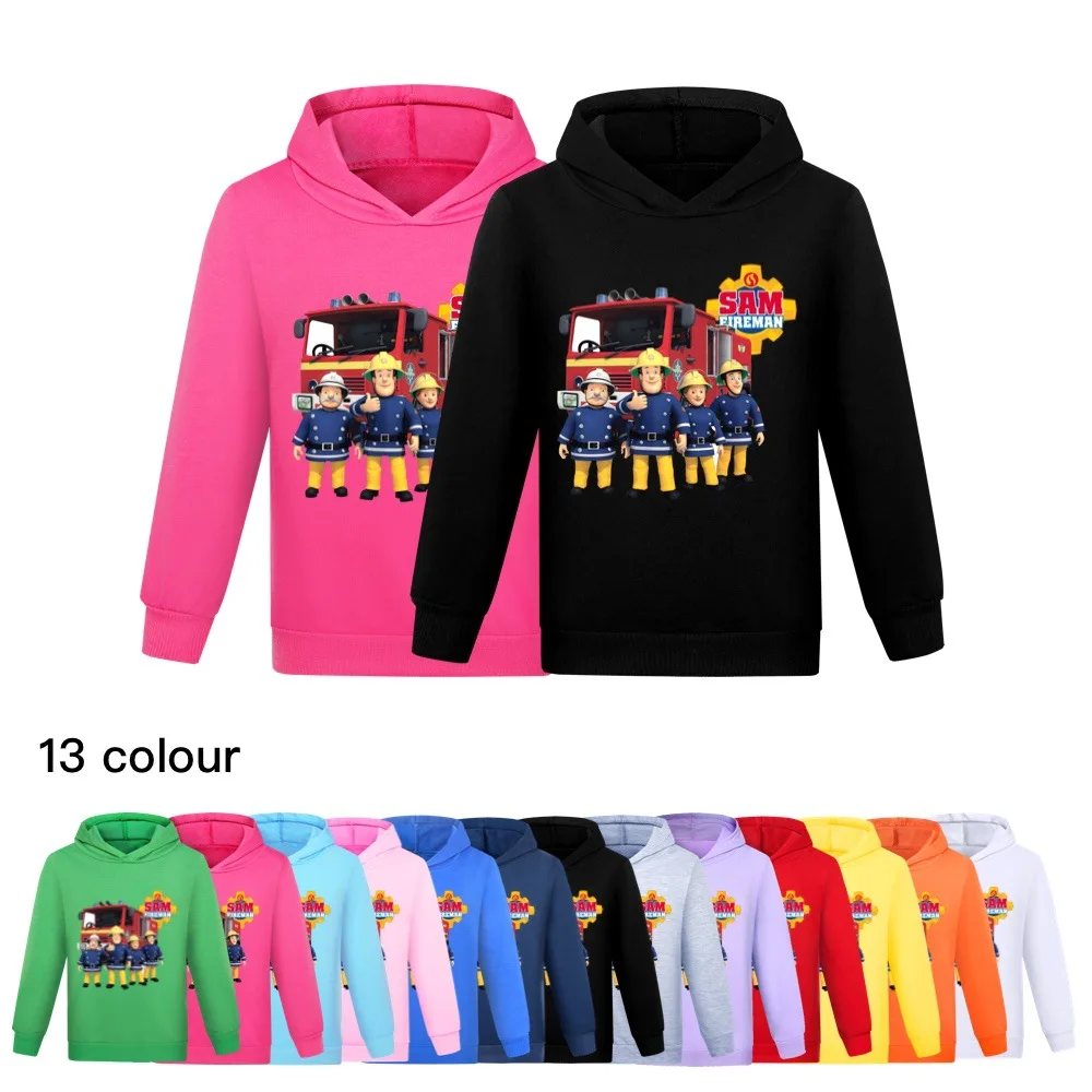 Cartoon Fireman Sam Hoodie Kids Firefighter Sweatshirts Youth Boys Hooded Pullover Coats Toddler Girls Autumn Casual Outerwear