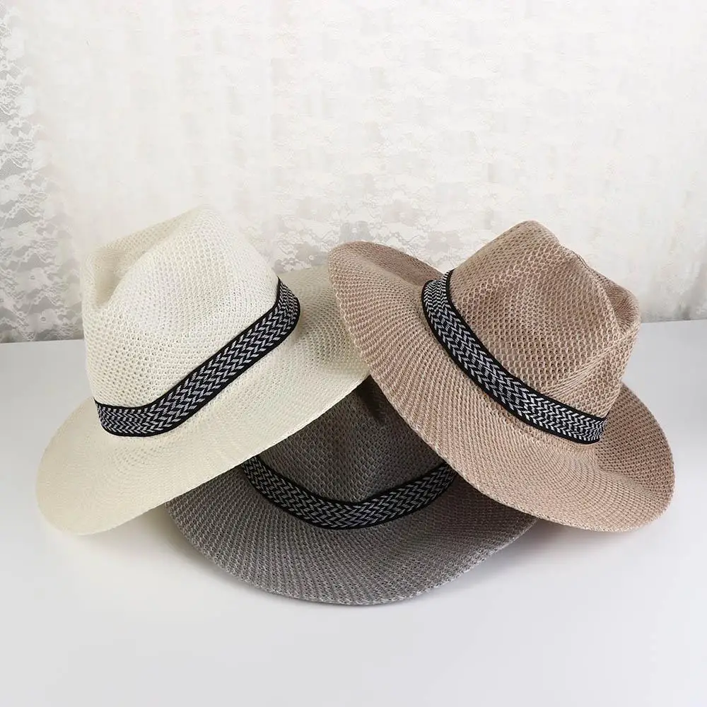 Fashion Cool Beach Dad Bowler Hat Male Travel Panama Hat Solid Color Old Man Sun Hat Middle-aged Men Straw Hat