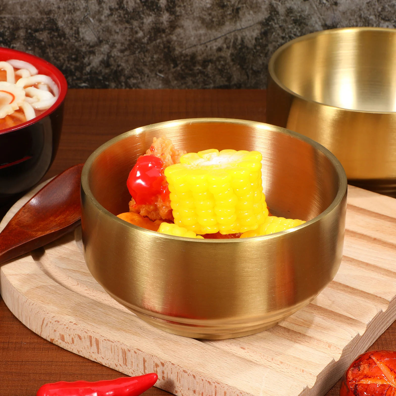 2 pcs Stainless Steel Insulated Bowls Double Wall Heat Resistant Rice Cereal Soup Bowl Set Golden Small Serving Dessert Salad